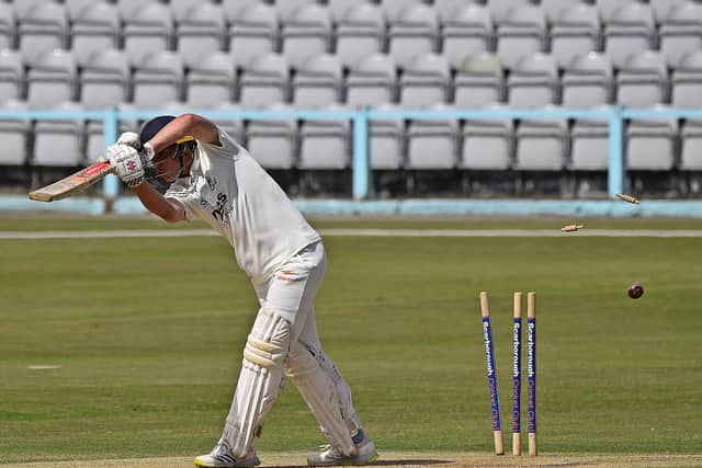 Scarborough 2nds opener Ben Crick falls early on.