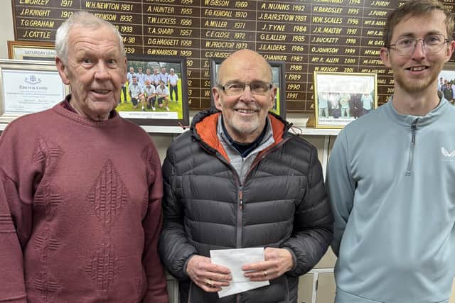 From left, Borough Singles Merit runner-up Geoff Oldham, Borough president Shaughan Temple and Merit winner Darryl Harrap.