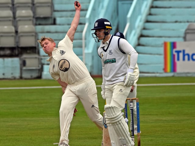 Hayden Williamson in bowling action at North Marine Road against Woodhouse Grange.