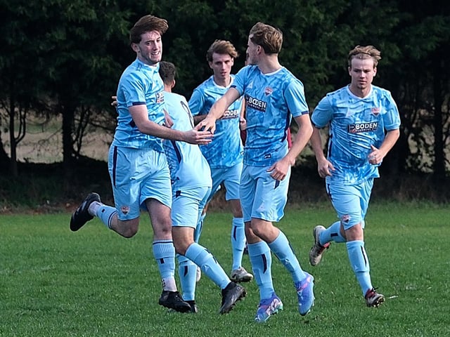 Seamer players celebrate one of their goals at home to Haltemprice. Photo by Richard Ponter