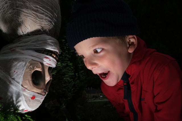 Young boy facing his fears at the spooky attraction!