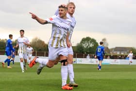 Michael Coulson celebrates his winning goal for Bridlington Town at Garforth Town on Saturday afternoon. PHOTO BY TCF PHOTOGRAPHY