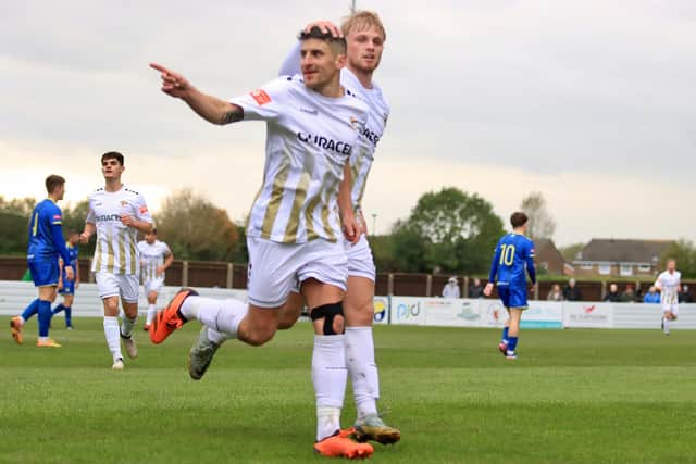 Michael Coulson celebrates his winning goal for Bridlington Town at Garforth Town on Saturday afternoon. PHOTO BY TCF PHOTOGRAPHY