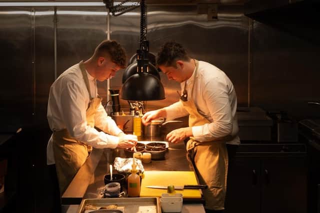 Preparing food in the kitchen.