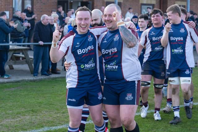 The Scarborough RUFC team get in the party mood after their title success was confirmed. Photo by Andy Standing