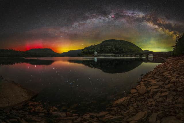 Astro Dog's photo of the Milky Way and the Aurora captured in Wales - image on displaying at their photography exhibition at the Shakespeare Gallery in Scarborough.