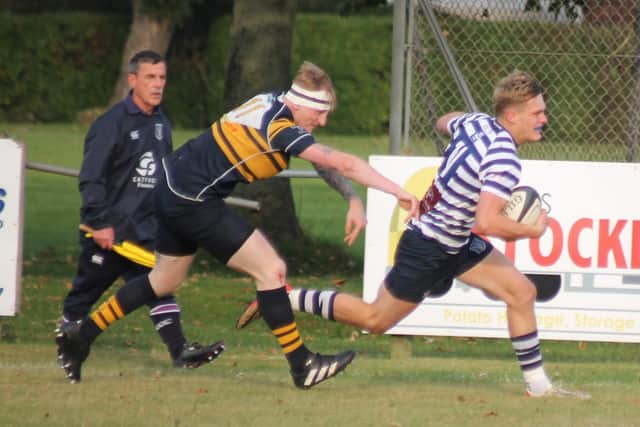 Pocklington RUFC wing Flynn Sangwin sprints in for his second try at Bridlington RUFC. Photo by Phil Gilbank