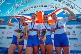 Georgie Brayshaw celebrates her World Rowing Championship success in Belgrade.