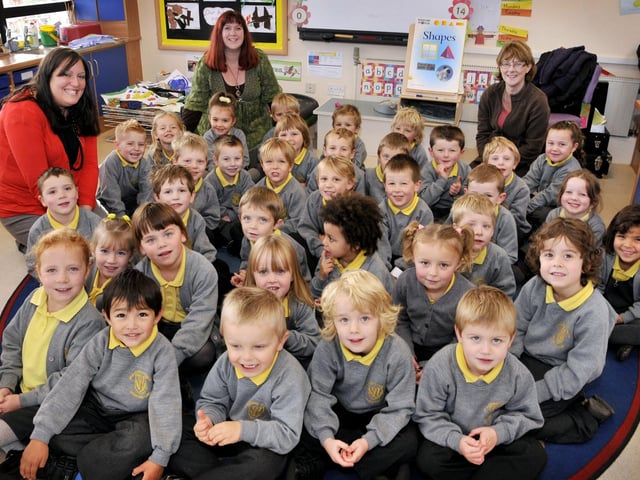 New starters at Wheatcroft School with (from left) teacher Mrs Earle,TA Mrs Thompson and TA Mrs Roberts.