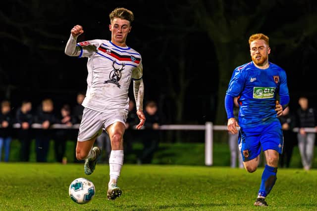 Whitby Town's Alfie Doherty, left, in action during the cup semi-final win at Guisborough Town. PHOTOS BY BRIAN MURFIELD