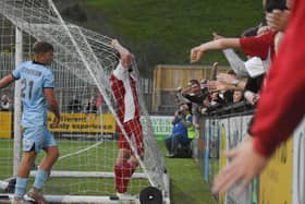 Frank Mulhern celebrates his third goal in the 3-1 home win against National League side Hartlepool United on Tuesday. PHOTO BY MORGAN EXLEY