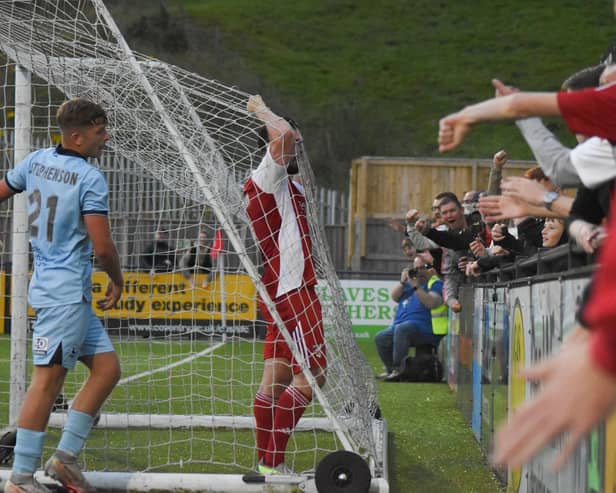 Frank Mulhern celebrates his third goal in the 3-1 home win against National League side Hartlepool United on Tuesday. PHOTO BY MORGAN EXLEY