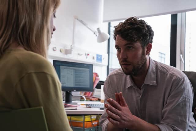 TOM HUGHES as DR James Ford and HANNAH MCCLEAN as Rosie in Malpractice. Photo: WORLD PRODUCTIONS/ITV.
