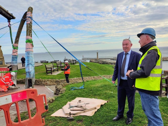 North Yorkshire Council’s executive member for open to business, Cllr Mark Crane (left) and coastal infrastructure engineer, John Woodhead, on site for the removal.