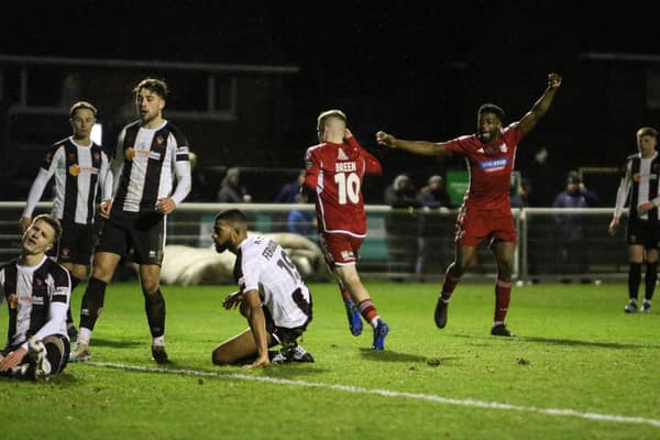 Goalscorer Harry Green, number 10, and teammate Kieran Weledji celebrate Boro taking the lead at Spennymoor. PHOTOS BY ZACH FORSTER