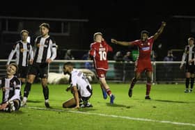 Goalscorer Harry Green, number 10, and teammate Kieran Weledji celebrate Boro taking the lead at Spennymoor. PHOTOS BY ZACH FORSTER