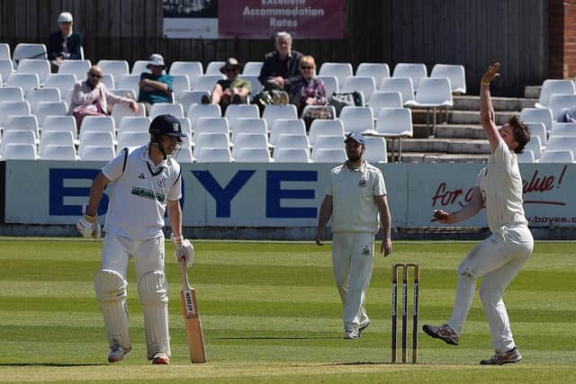 Jack Redshaw in bowling action for the home side. PHOTOS: SIMON DOBSON