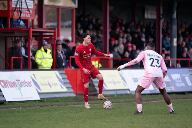 Rio Allan on the ball for Boro in the 1-0 home win against Curzon Ashton. Photo by Wandering Photography