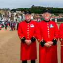 Chelsea Pensioners (IPs) Alan Gill, Pat Callagham, and Albert Weastell, on the South Bay beach, Scarborough.  Picture by James Hardisty.