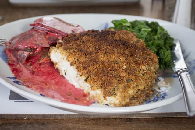 Try this week's recipe from The Magpie Cafe: crab-crusted halibut with a colourful beetroot dauphinoise.