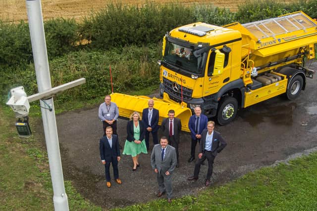 At one of the weather stations are (from left): Mike Francis of NY Highways; Erik Sucksdorff, sales director at Vaisala; Jo Wright, sales manager at Vaisala; Richard Marr, highway area manager at North Yorkshire County Council (NYCC); Nigel Smith, head of highway operations at NYCC; Barrie Mason, assistant director, highways and transportation at NYCC; Jarkko Sairanen, Vaisala’s executive vice president for weather and the environment; and Alan Palfreyman, technical officer at NYCC.