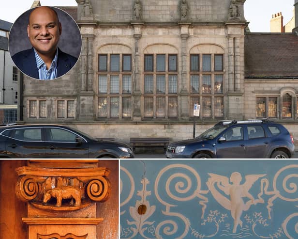 The former HSBC Bank building, inset pictures - Ali Hussain, hand-carved polar bear and grade II listed ceiling detail.