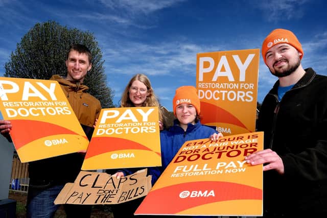 Junior doctors strike outside Scarborough Hospital.
