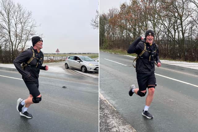 Mr Bowles battled the elements, running through snow, raina and ice to finish his gruelling route. Photo: Tommy Cawkwell.