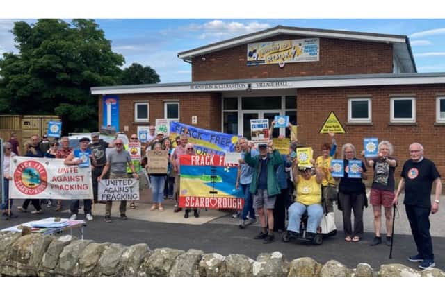 Protestors outside Burniston and Cloughton Village Hall where the consultation will take place - Image: Frack Free Scarborough