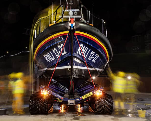Bridlington RNLI all-weather Lifeboat washdown after recovery. Photo credit: RNLI/Mike Milner.