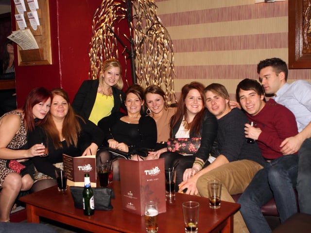 Nikita, Rebecca, Emma, Nicola, Kayeigh, Harriet, Tristram, Chris and Ben in Tuis Cocktail Bar.