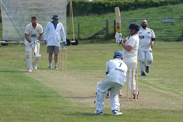 Cloughton batsman Liam Salt on the attack against Scarborough Hospital. Photo by Richard Ponter