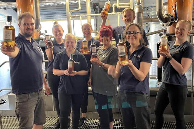 Whisky Director Joe and the Spirit of Yorkshire team with the award-winning whiskies, at the distillery in Hunmanby.  From left, Joe Clark, Amelia Teasdale, Chrissie Queen, Justyna Parsons, Sarah Jordan, John Morrison, Camilla Wroot and Libby Barmby
