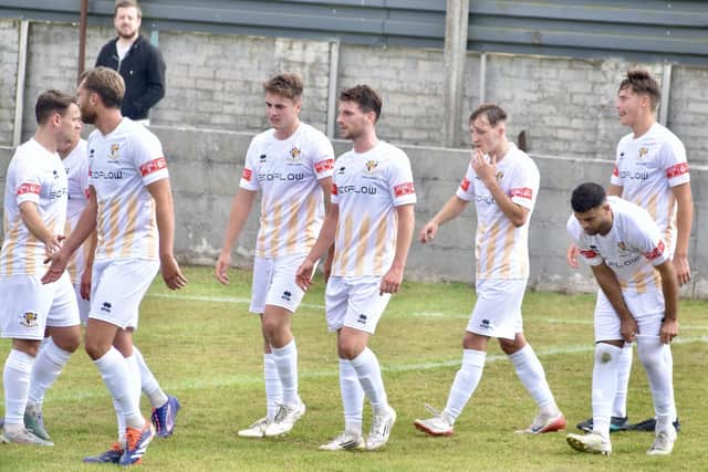 Bridlington Town celebrate their first equaliser, which was scored by Kasper Williams. Photo by Alexander Fynn