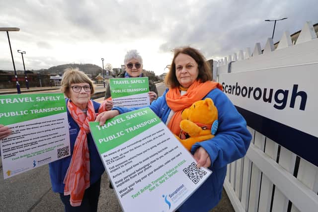 Angela Edwards, Judith Clark and Linda Davis help to promote safe train travel