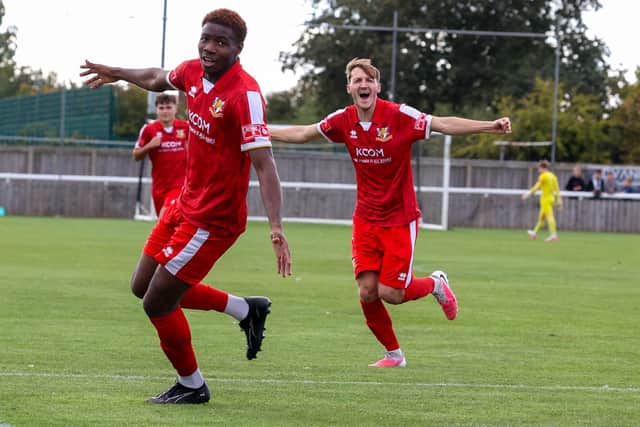 Destiny Nnenanya and Casey Stewart after Destiny scores Brid's second in the 3-1 win at Ashington. Photo by EC Media