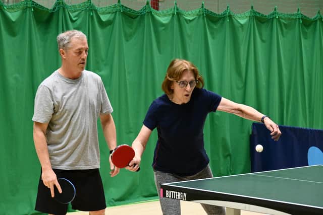 Eventual winners Mike Roebuck and Delphine Kaye in action during the Division Two Doubles final. Photo by Tony Wigley