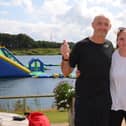 Simon Porter and daughter Kirsten Porter celebrate their 500th parkrun at the North Yorkshire Water Park parkrun.