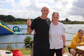 Simon Porter and daughter Kirsten Porter celebrate their 500th parkrun at the North Yorkshire Water Park parkrun.