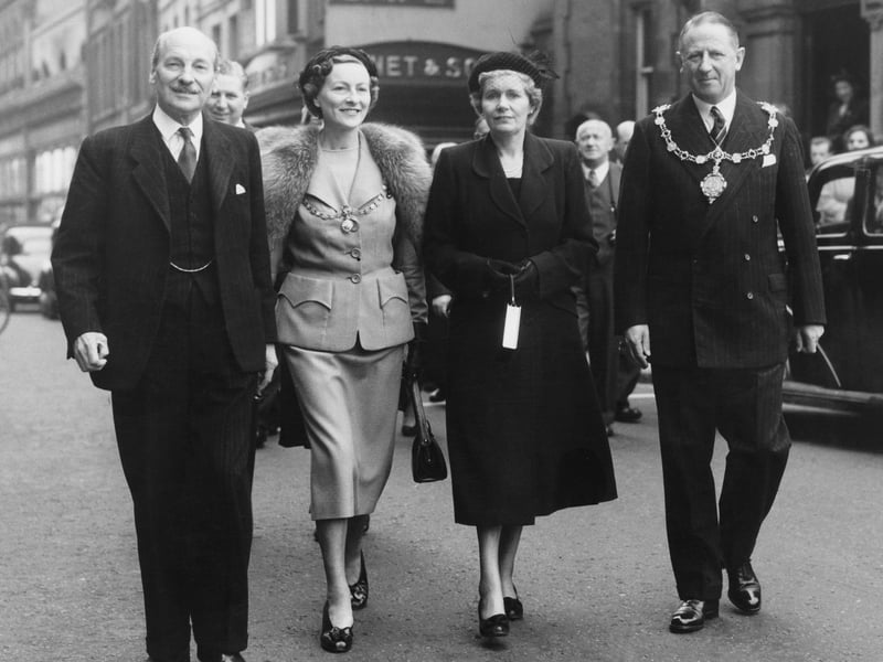 British Prime Minister Clement Attlee and his wife Violet (left) with John William Hardcastle, the Mayor of Scarborough and his wife (right) during the Labour Party election conference in Scarborough, October 1, 1951.
