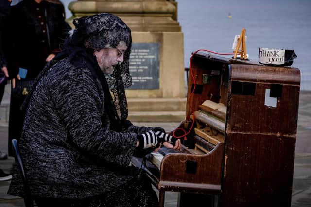 Outdoor piano at Whitby Goth Weekend.