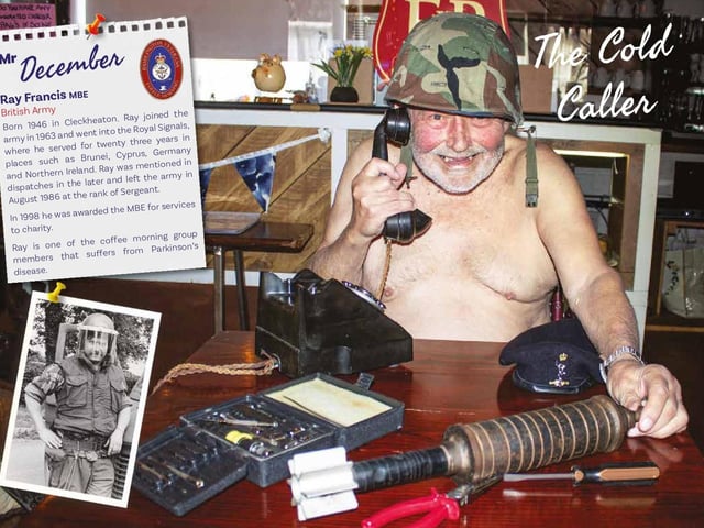 Ray Francis MBE, Mr December, looks a little chilly in this photo, while he is posing as the 'cold caller' for Mr December.