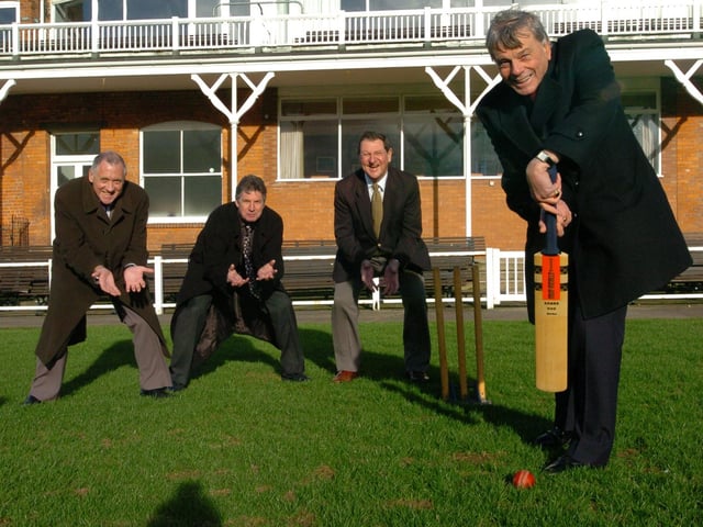 Dickie Bird is all set to swing into action at North Marine Road Cricket Festival. He is pictured with (left to right) fellow umpire for the game Harry Gration, Events Co-ordinator for the Dickie Bird Foundation, Barrie Sugden and Scarborough Cricket Club Chief Executive Cec Snell.