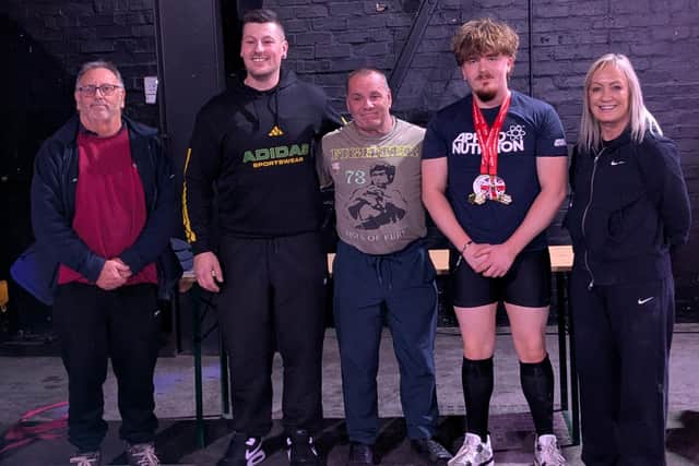 Filey PT Gym powerlifters earned British Championship glory, from left, Joseph Rodgers, Dave Stead, Phil Beniston, Jack Douglass and Deb Dixon.