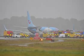 The plane skidded of the runway at Leeds Bradford Airport amid high winds and heavy rain