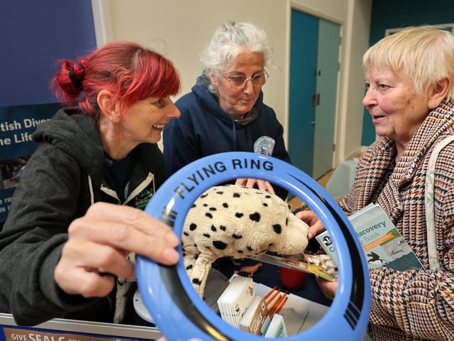 Claire Murgatroyd and Audrey McGhie meeting Carol to discuss the dangers of flying rings posing a risk to seals