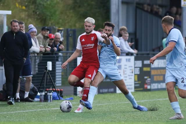 Bailey Gooda holds off a Hartlepool player. PHOTO BY MORGAN EXLEY