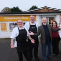 Eastfield Community Shop ...Gary Stott and McCains Gillian Moffatt with staff welcoming everyone. picture: Richard Ponter