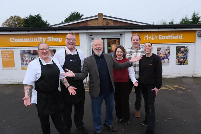 Eastfield Community Shop ...Gary Stott and McCains Gillian Moffatt with staff welcoming everyone. picture: Richard Ponter