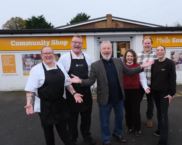 Eastfield Community Shop ...Gary Stott and McCains Gillian Moffatt with staff welcoming everyone. picture: Richard Ponter